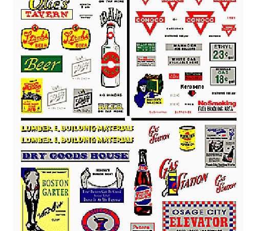 Tavern, Gas Station, & Comm. Signs Dry Transfer Decals Woodland Scenics