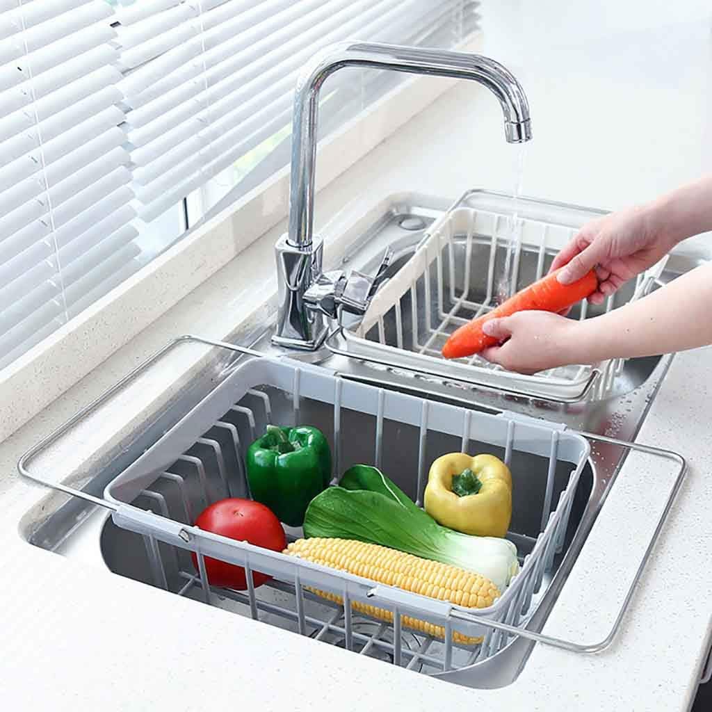 Indexshop Adjustable Dish Drying Rack, Dish Drying Rack Over Sink, Stainless Steel Drainer Basket Dish Tray Kitchen Sink Organizer for Vegetable and Fruit (Gray)