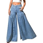 EZAPINE Women Bell Bottom Jeans High Waist Stretch Wide Leg Baggy Flared Pleated Vintage Casual Loose Denim Pants
