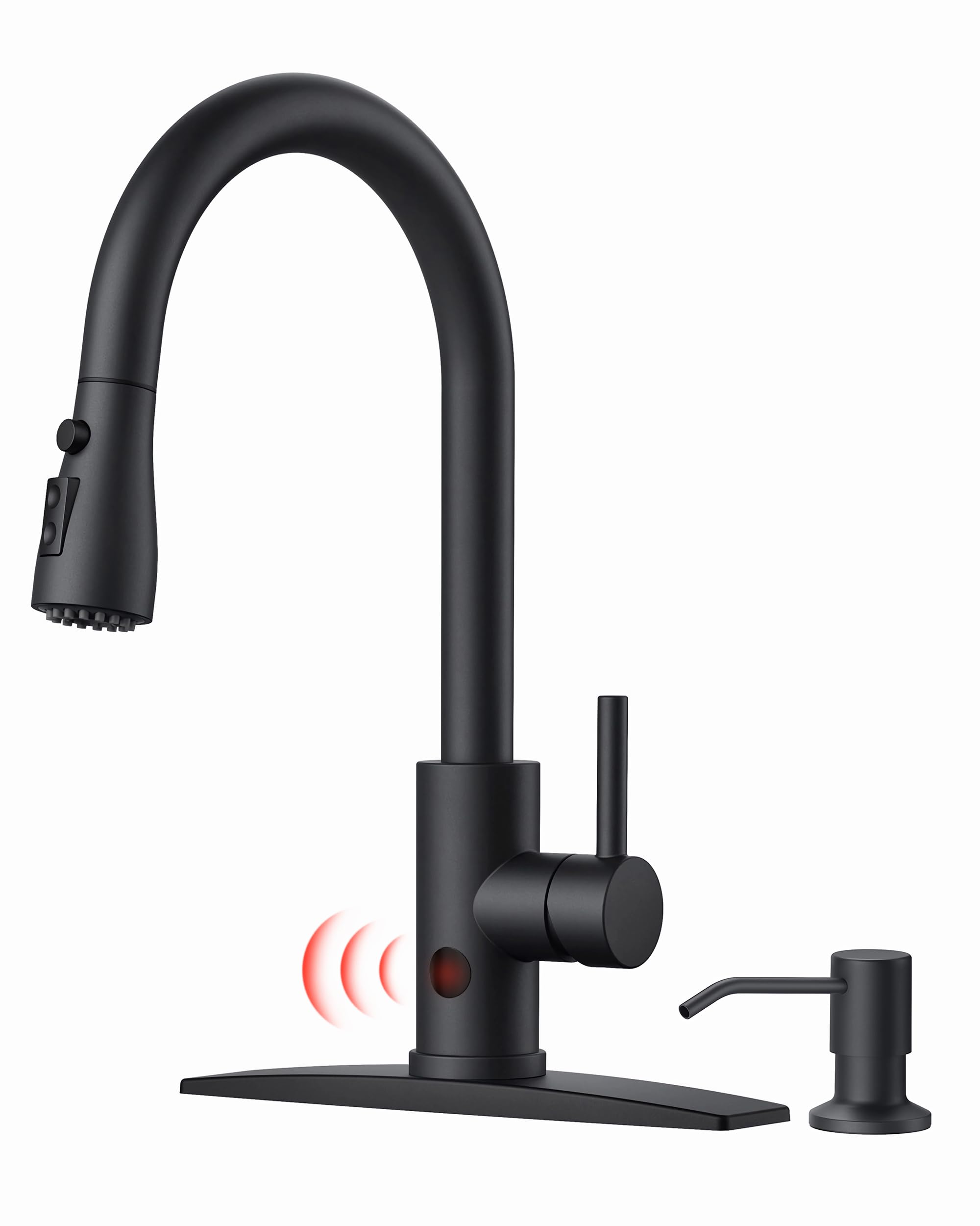 FORIOUS Black Touchless Kitchen Faucet with Soap Dispenser, Hands-Free, Smart Motion Sensor, Contemporary Bar Sink Faucet with Pull Down Sprayer for Farmhouse RV Camper Image