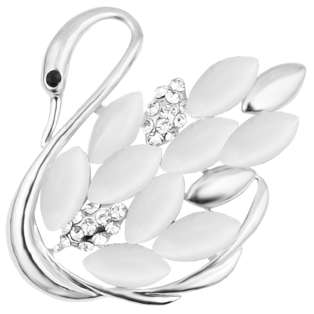 FENGJI Women Opal Swan Brooches Gold and Silver Plated Wedding Crystal Brooch Pin Silver White