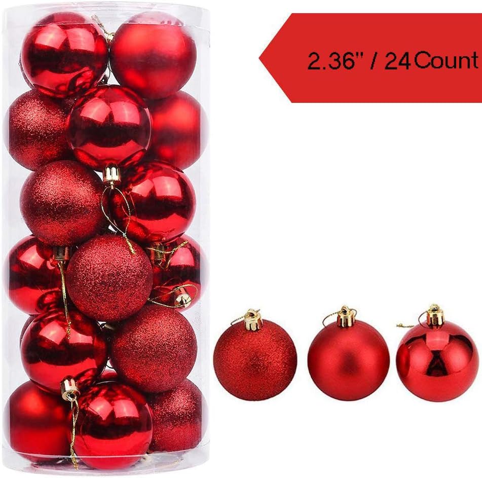 Christmas Ball Ornaments 2.36" Shatterproof Christmas Decorations Tree Balls for Holiday Party Decoration, Tree Ornaments Hooks Included 24PCS(Red)