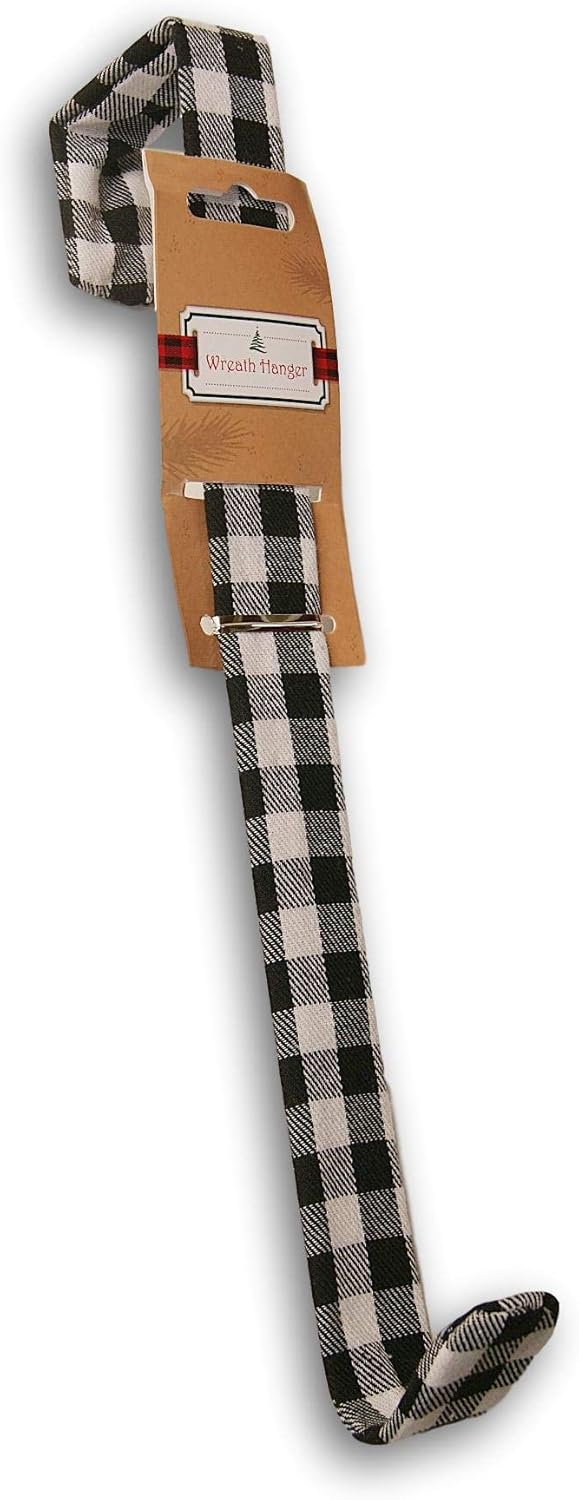 Wreath Hangers - Buffalo Plaid Christmas Wreath Over-The-Door Fabric Covered Hanging Hook - 12 Inches Long (Black & White Check)
