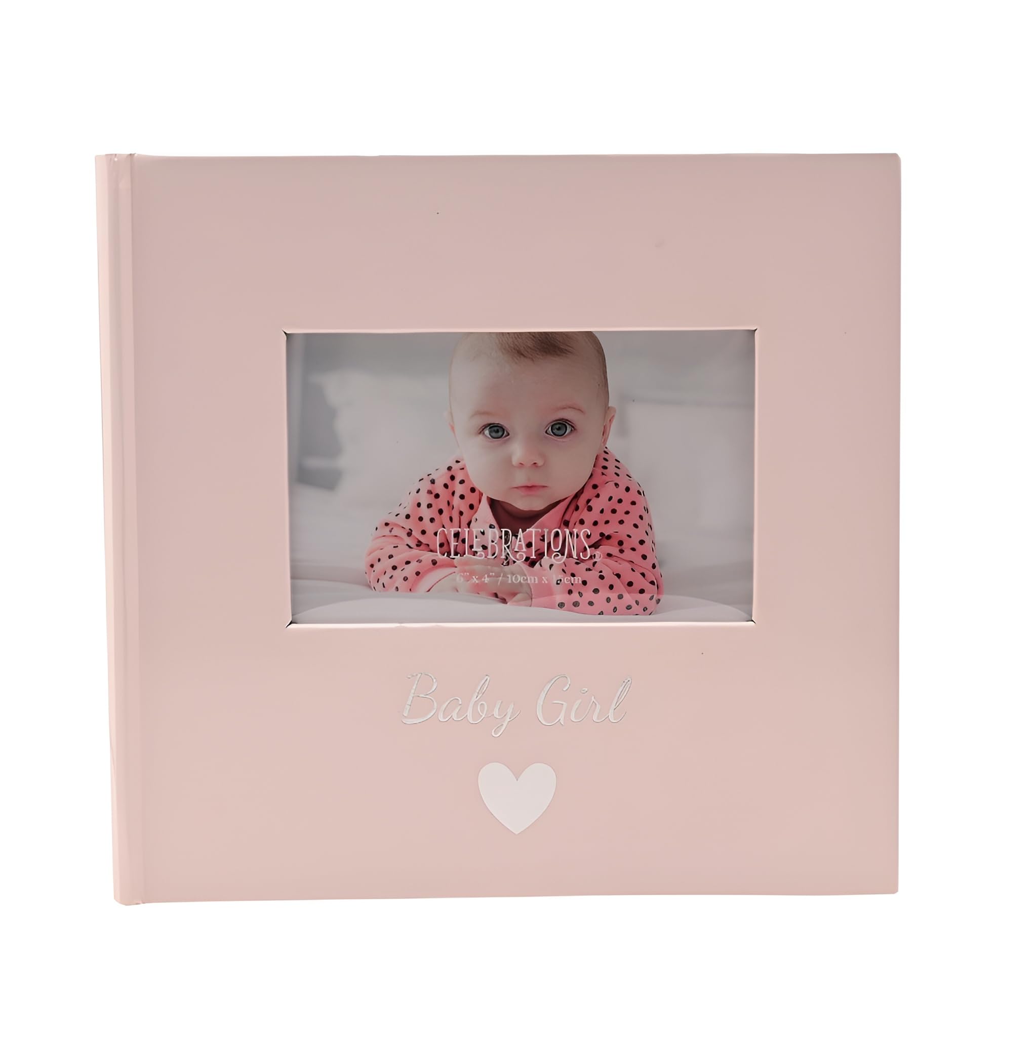 Widdop & Co Baby Girl Photo Album – Pink Slip-In Picture Book for 160 4x6 Photos with Personalising Window – Silver Foil Heart Design – Keepsake Gift for Newborns, Christenings & Baby Showers