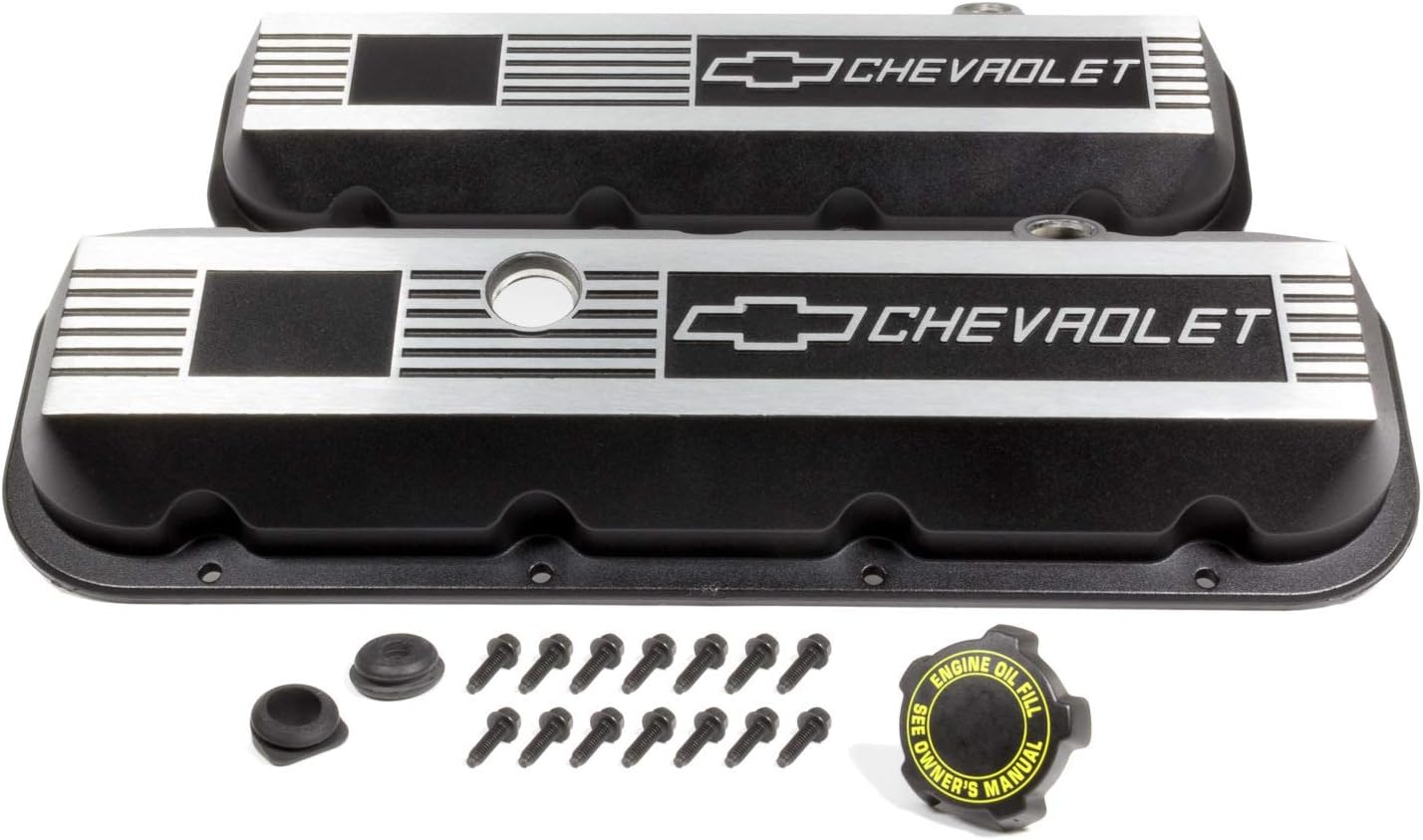 Valve Cover, Custom, Stock Height, Breather Hole, Hardware Included, Grommets, Chevrolet Logo, Aluminum, Black/Brushed, Big Block Chevy, Pair