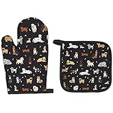 FIicy Dog Lover Gifts Black Oven Mitts and Pot Holders Sets, Gifts for Dog Lovers Kitchen Accessories Sets, Dog Owner Mom Gifts, Dog Themed Heat Resistant Oven Glove Potholders for Kitchen Baking