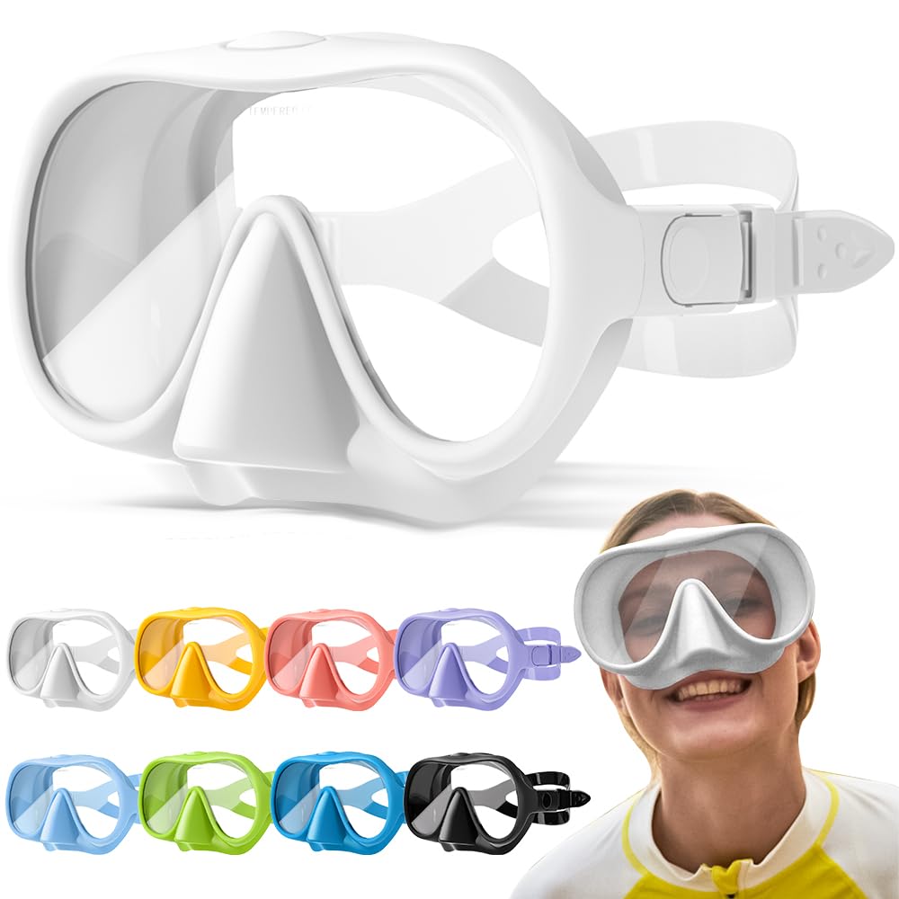 HINATAA Snorkel Set Adults, Fashionable Macaron Colors Frameless Snorkeling Mask, Ultra Wide View Anti-Fog Snorkel Mask Set, Portable Professional Diving Snorkeling Set (White (No breathing tube))