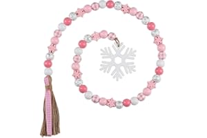 JOYMEMO Winter Theme Wood Bead Garland with Tassels Pink, Snowflake Wooden Rustic Beads Ornament Wall Hanging Home Decor Tiered Tray, Boho Christmas Winter Holiday Snow Party Supplies