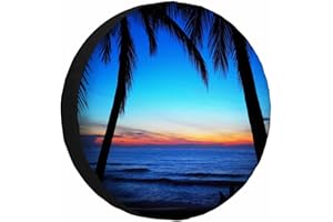 MIYASANG Blue Sunset Beach Spare Tire Cover Tropical Tree Beatiful Island Sunrise Outdoor Hawaii Weatherproof Universal Wheel Protectors Camper Tire Covers for Trailer Rv Travel(17 inch)