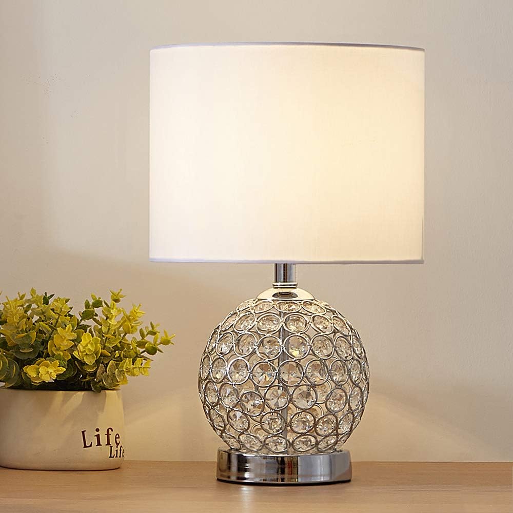 SOTTAE Elegant Design Small Crystal Lamp Base Living Room Bedroom Bedside Table Lamp,Desk Lamp with White Fabric Shade