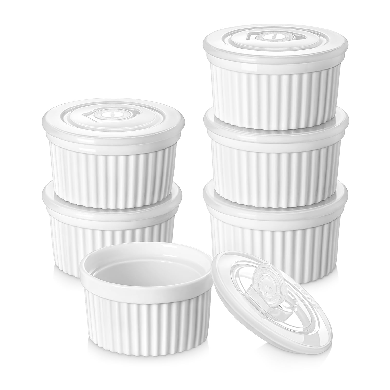 vancasso 8 oz Ramekins with Lids, Souffle Dishes Set of 6, 10.1cm White Porcelain Creme Brulee Ramekins, Baking Cups for Pudding, Fruits, Dips, Dishwasher and Oven Safe