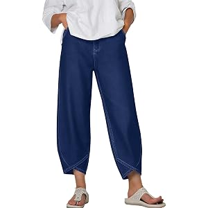 Sdeycui Women Solid Color Faux Denim Pants Baggy Casual Summer Pants Loose Athletic Running Trousers with Pockets