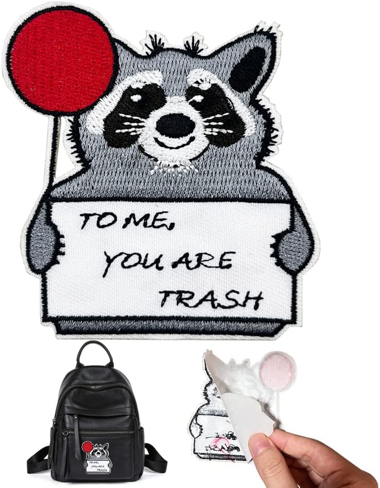 Mixed Media - Cute Raccoon with Red Balloon 'To Me You Are Trash' Self-adhesive Embroidered Iron On Patch