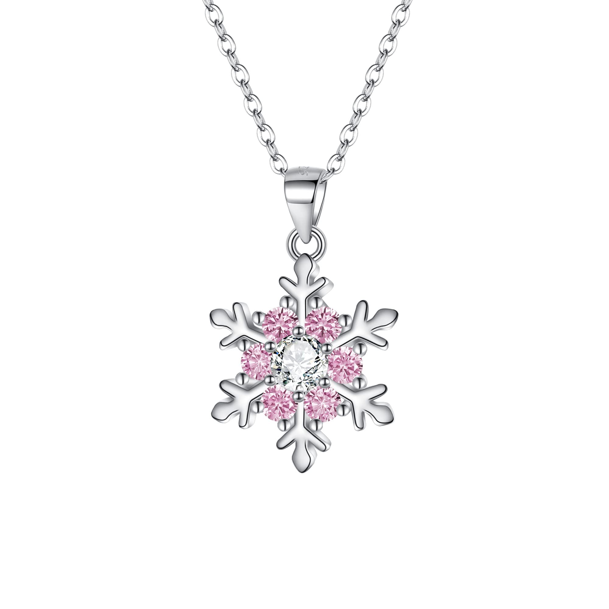 Ever Faith 925 Sterling Silver Snowflake Pendant Necklace, Pink Cubic Zirconia Snowflake Necklace Christmas Jewellery Gifts Rose Gold-Tone