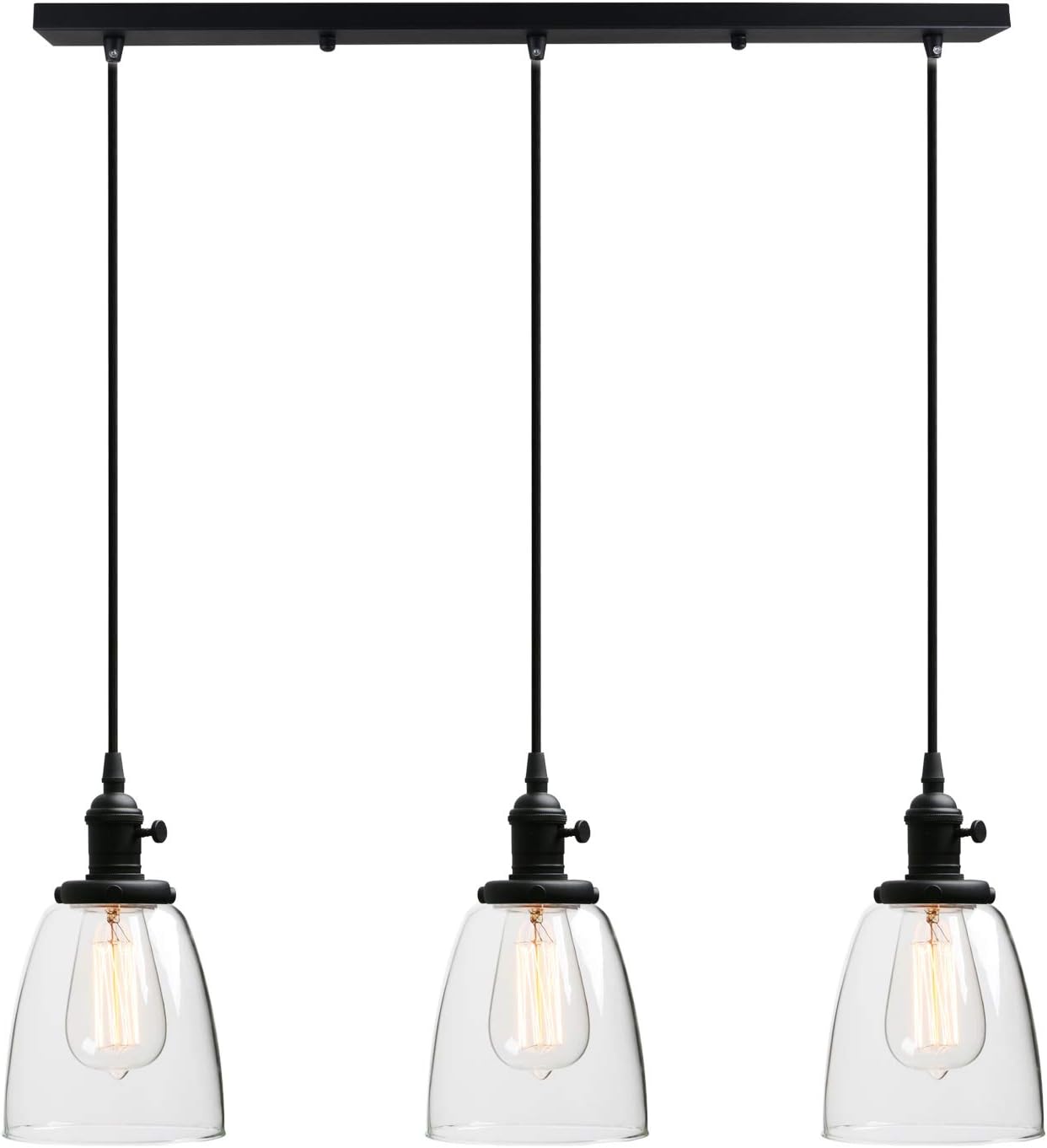 Phansthy Vintage 3 Way Chandelier with Switch, Pendant Light with Adjustable Cord and Glass Shade