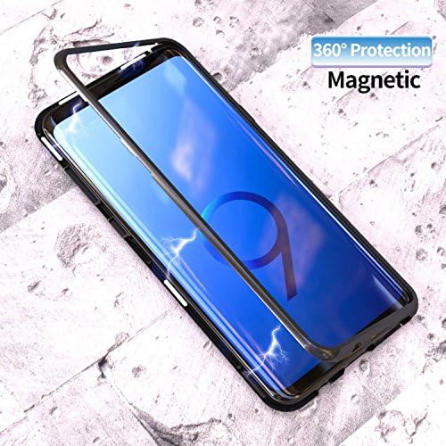 Magnetic Adsorption Flip Case for Samsung Galaxy S8 S9 Plus Tempered Glass Back Cover Luxury Metal Bumpers Hard Case (Black, Galaxy S9)
