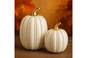iStatue Set of 2 Decorative Pumpkins – Elegant Beaded Resin Fall Decorations, Thanksgiving Table Centerpiece, Autumn Home Decor, Glam Farmhouse Style (White)