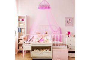 Goplus Princess Bed Canopy Netting Dome with Elegant Ruffle Lace for Girls and Baby Room Decor, Bed Curtains Mosquito Net for Twin, Full, Queen Size Beds, Pink