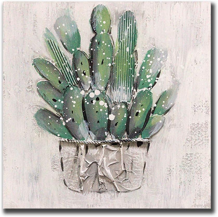 Cactus Canvas Wall Art, Hand Painted Framed Oil Painting Modern Succulent Green Watercolor Canvas Prints for Living Room Bedroom Office Home Wall Decoration, Stretched Ready to Hang (16x16inch)