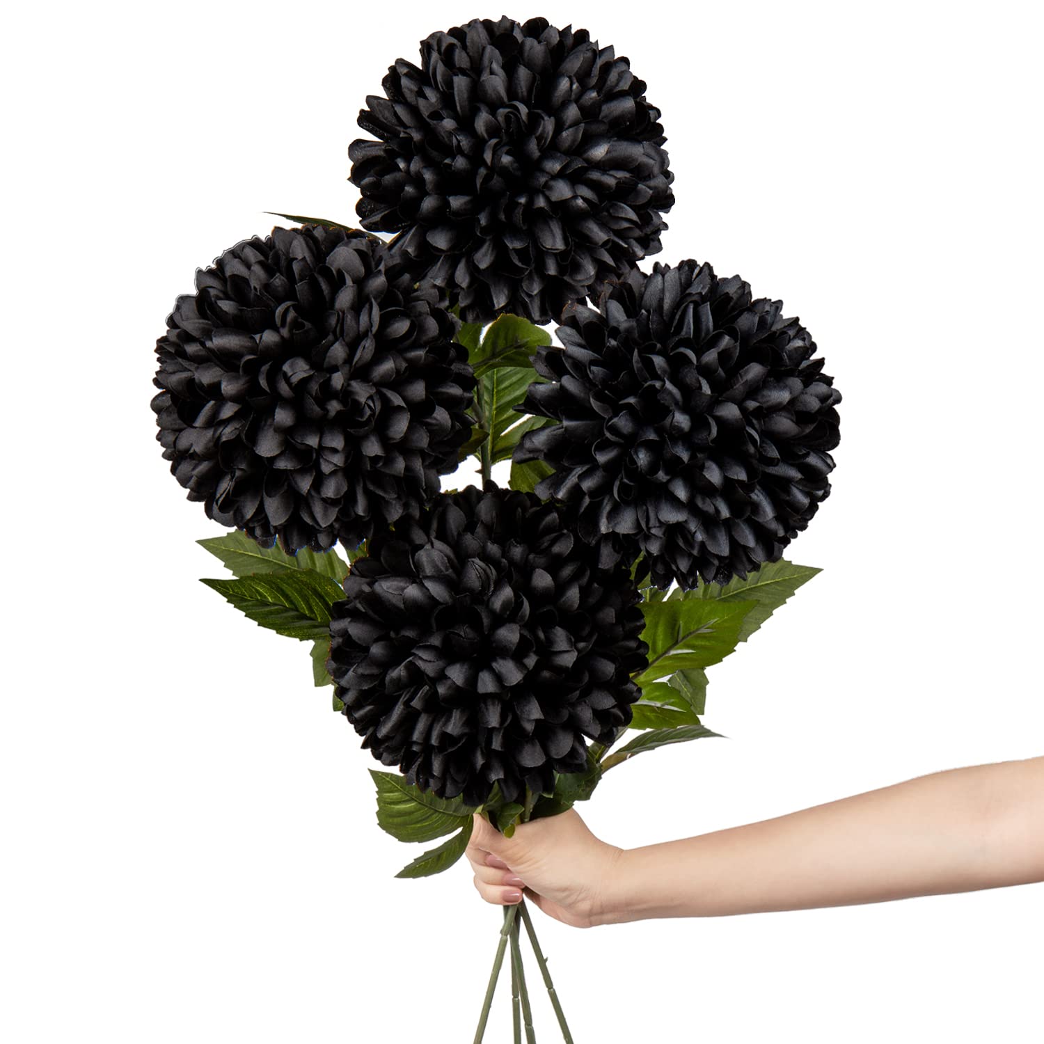 Hollyone 6'' Large Artificial Chrysanthemum Flowers with 25.6'' Long Stem, 4 pcs Black Fake Silk Flowers Faux Ball Flower for Home Decor, Bridal, Wedding, Party, Garden, Floral Arrangement