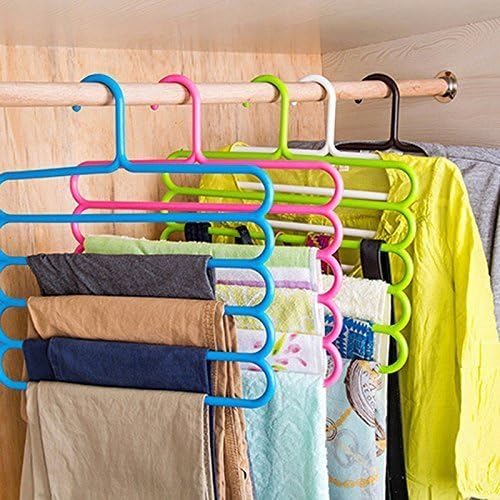 ShoppoStreet 5 Layer Multipurpose Multi Layer Hanger for Shirts, Wardrobe, Ties, Pants Space Saving Hanger, Cupboard Organizer, Plastic Hangers (Multi Color) - Set of 5