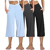 Kivdol 3 Pack Womens Wide Leg Yoga Capris Crossover High Waist Casual Capri Pants Loose Soft Pajama Pockets Sweatpants