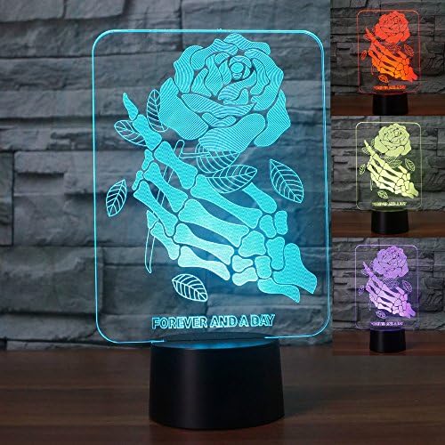 3D Skull Skeletons Hands Rose Flower Night Light Table Desk Optical Illusion Lamps 7 Color Changing Lights LED Table Lamp Xmas Home Love Birthday Children Kids Decor Toy Gift
