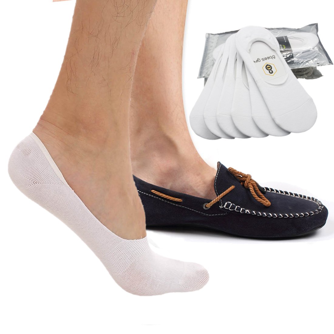 No Show Socks 8BESS GIFT Mens Socks Low Cut Non-Slip Grips (US:7-10, White-6 pairs)