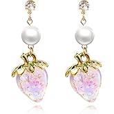 Cute Strawberry Dangle Drop Earrings Handmade Bohemian Creative 3D Resin Fruits Strawberry Green Crystal Leaf Earring for Women Summer Party Holiday Halloween Christmas Jewelry Gifts