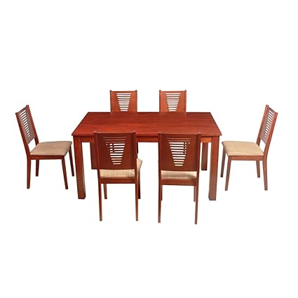 Woodness Vivian Solid Wood Upholstered 6 Seater Dining Table Set (Mahogany)