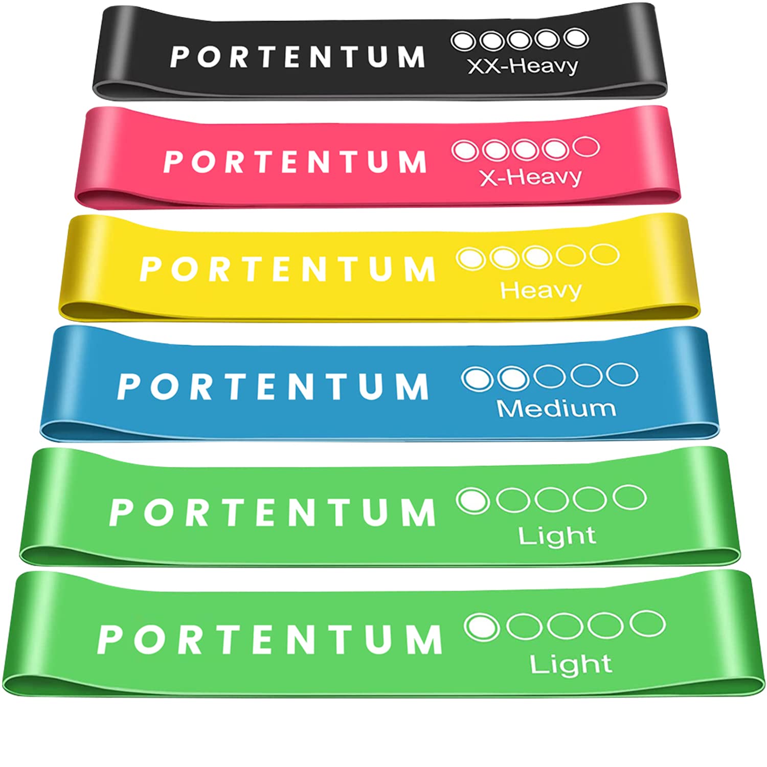 PORTENTUM Resistance Bands [Set of 6] Skin-Friendly Resistance Fitness Exercise Loop Bands with 5 Different Resistance Levels - Carrying Case Included - Ideal for Gym, Home, Yoga, Training