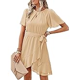 Dokotoo Womens Summer Dresses 2025 Crewneck Short Sleeve Waist Tie Ruffle Casual Chiffon A-Line Swing Mini Dress