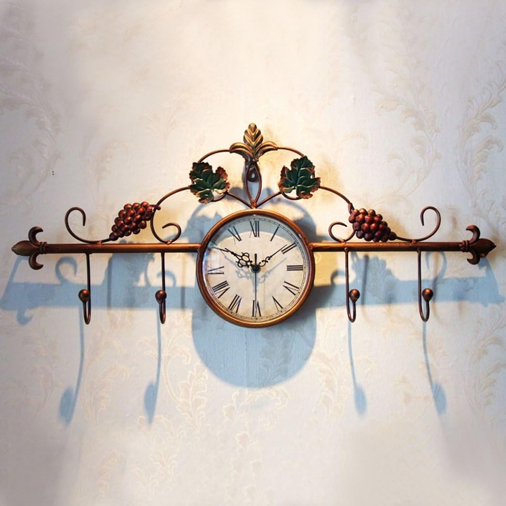 Nwn Vintage Wrought-Iron Wall Clock, Hand-Painted Grapevine Coat Hook, European Classical Living Room Clock (4 Hooks)
