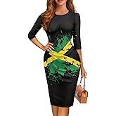 Zhangruoheng Jamaican Flag Printed Women 3/4 Sleeve Pencil Midi Knee Length Bodycon Cocktail Dresses Office Work Dresses