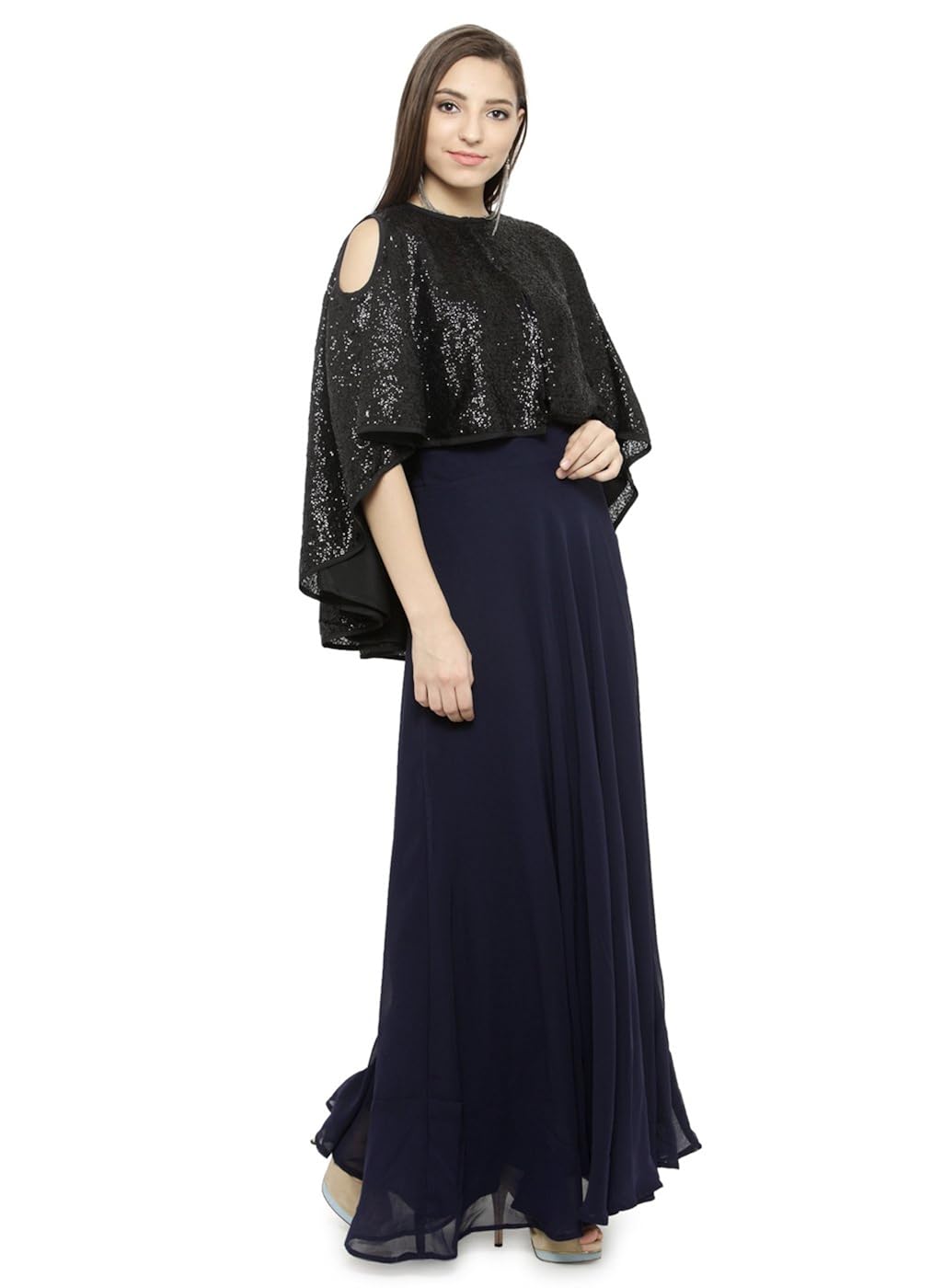 just wow navy blue & black poly georgette women's dress