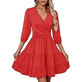 PerZeal Women's Wrap V Neck 3/4 Sleeve Wedding Guest Dress Elastic Waist Tiered Belted Ruffle Hem Mini Dress