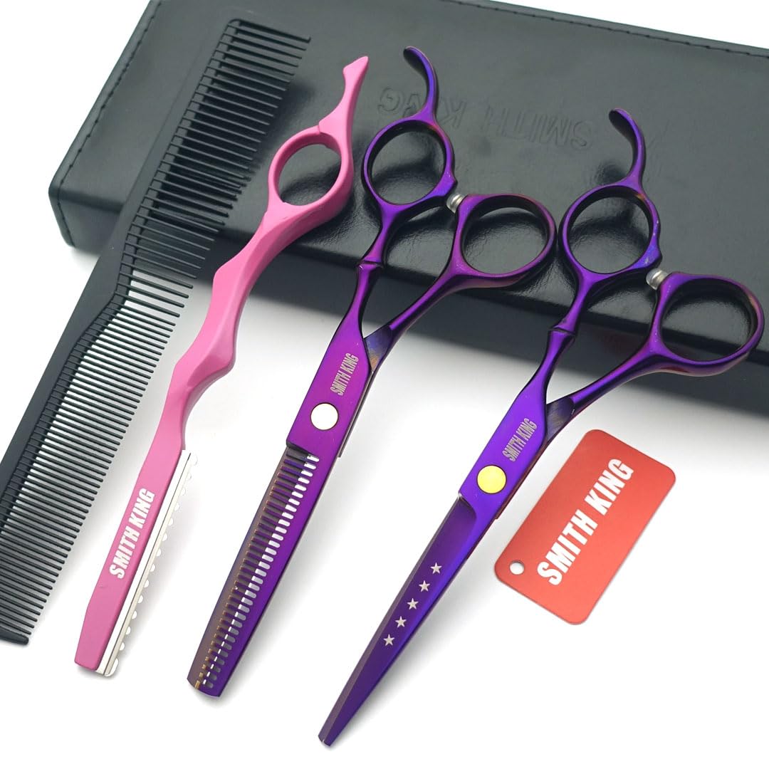 6.0 inch Hair Scissors Set Hair Cutting Scissors & thinning Scissors with Razor&Comb in 1 Set (Violet)