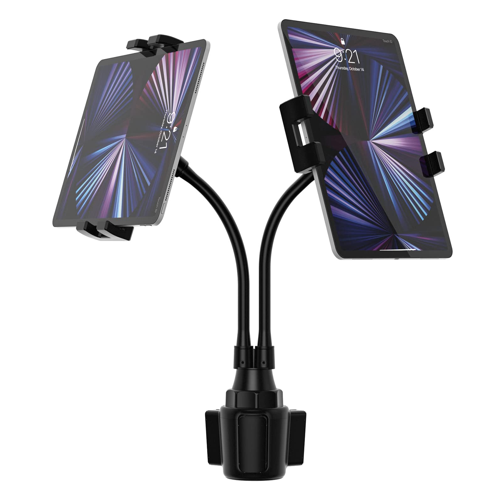 woleyi Dual Car Cup Holder Tablet Mount, Adjustable Car Cupholder Tablet Stand with Gooseneck Double Long Arm for iPad Pro 12.9 Air Mini, Galaxy Tabs, iPhone, More 4-13" Phones and Tablets