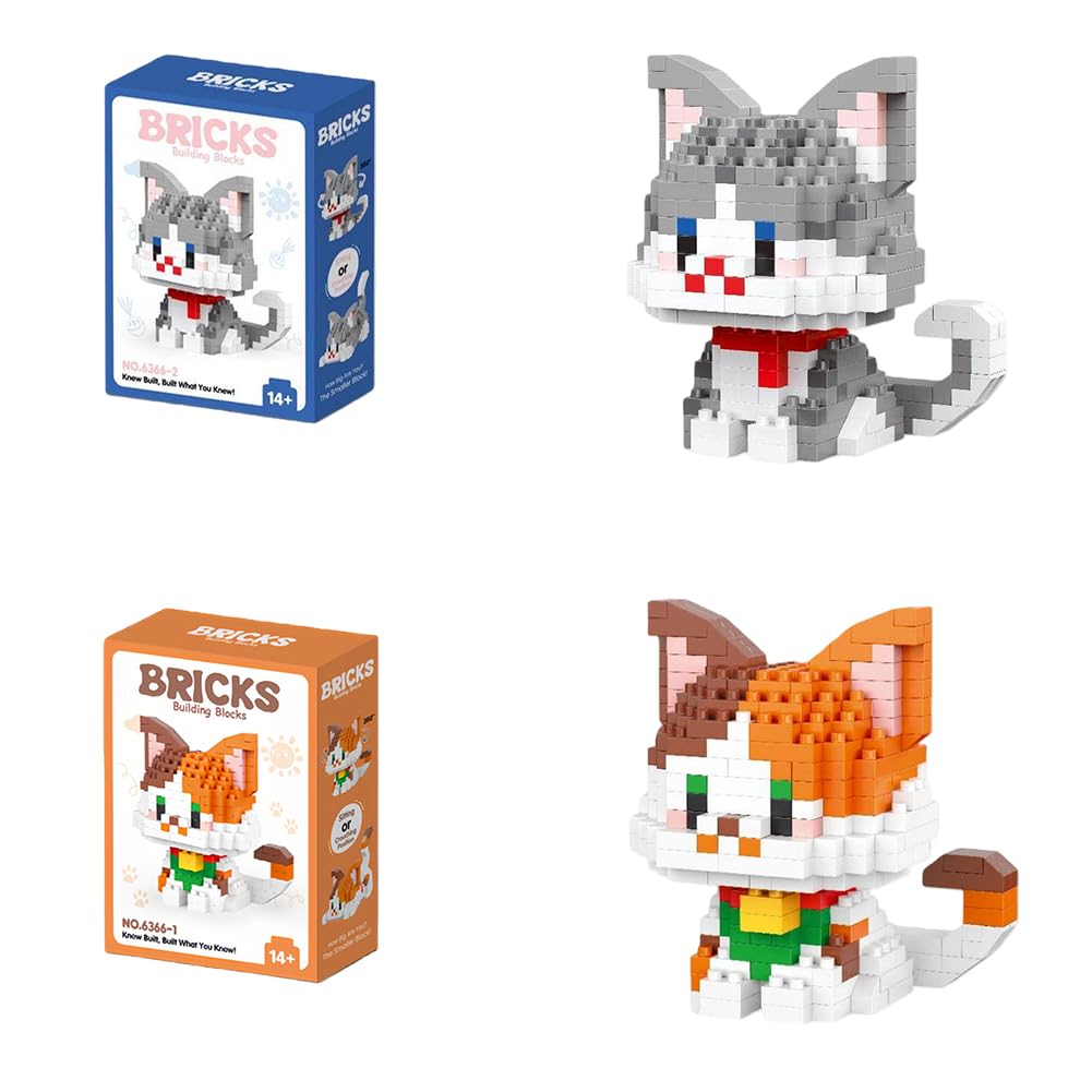 MGKEOUF Cute Animal Building Blocks, DIY Cat Building Blocks, Animal Building Blocks Set, 3D DIY Gift Set New Year Gift Themed Office Décor - 2PCS (GreyYellow Cat)