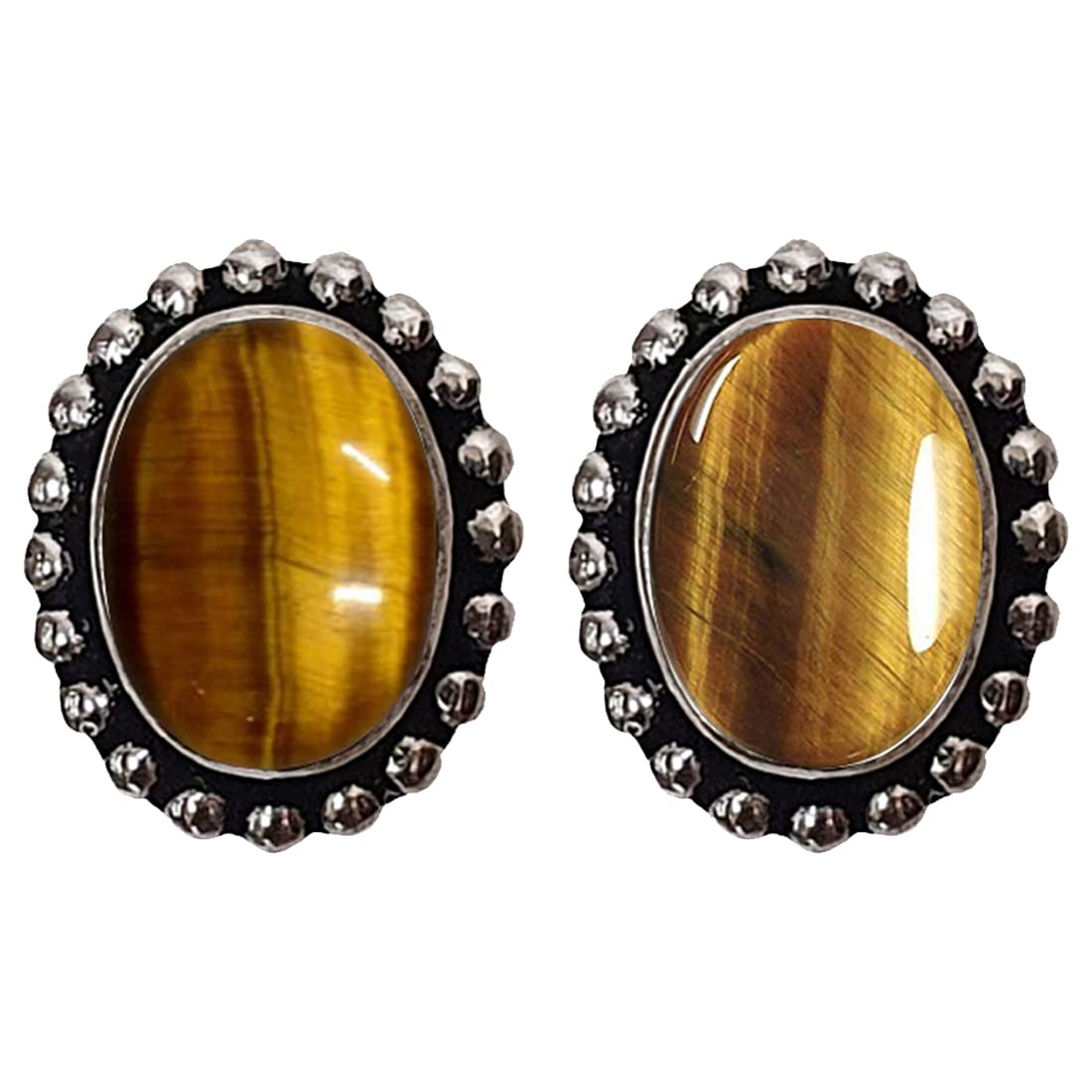 Authentic Tiger Eye Gemstone Oval Shape Fashion Stud Earring For Women & 925 Sterling Silver Plated Handmade Modern Party Stud Earrings Jewellery June Birthstone