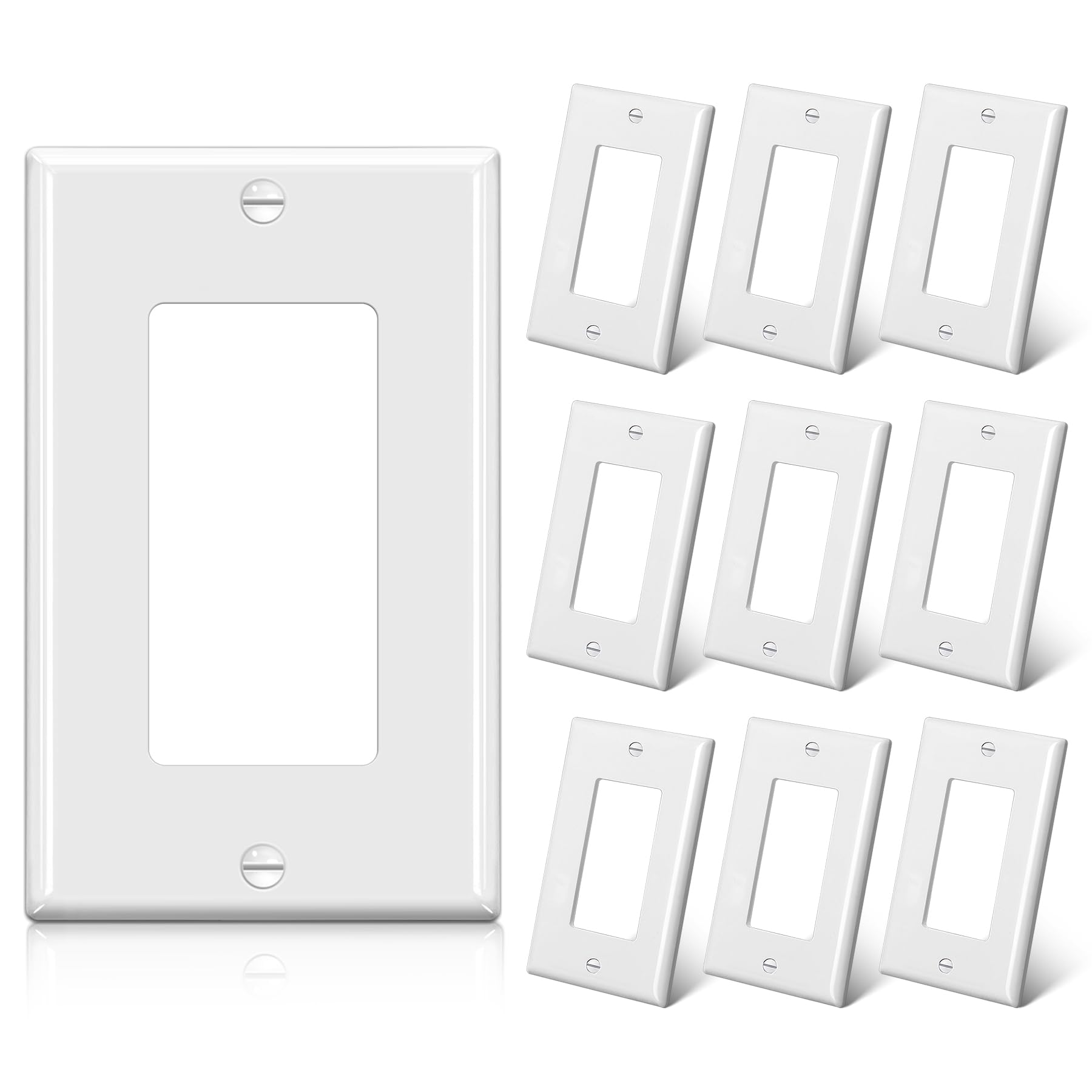 Photo 1 of BESTTEN 10 Pack 1-Gang Decorator Wall Plate, Standard Size, H4.53” x W2.76”, Unbreakable Polycarbonate Outlet and Switch Cover, White, UL Listed