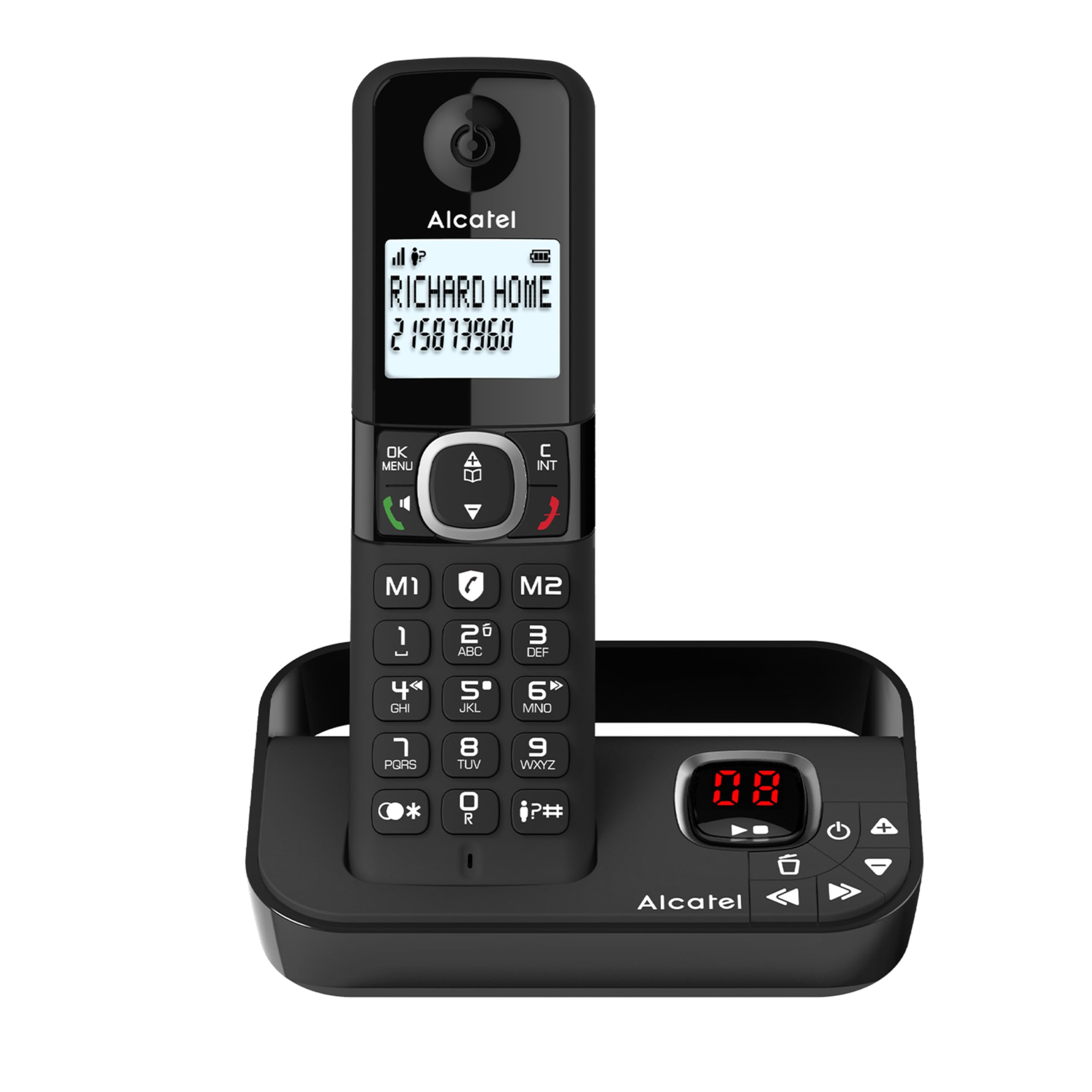ALCATEL F860 Voice - DECT Cordless Phone With Answering Machine - Large Backlit Display - Handsfree - Call Barring - 2 Direct Memory Keys - Black