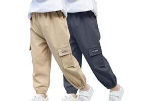 Boys Cargo Pants 2 Pack Casual Pants Elastic Waist School Pants Sports Running Joggers Comfy Pull On Trousers for Kid