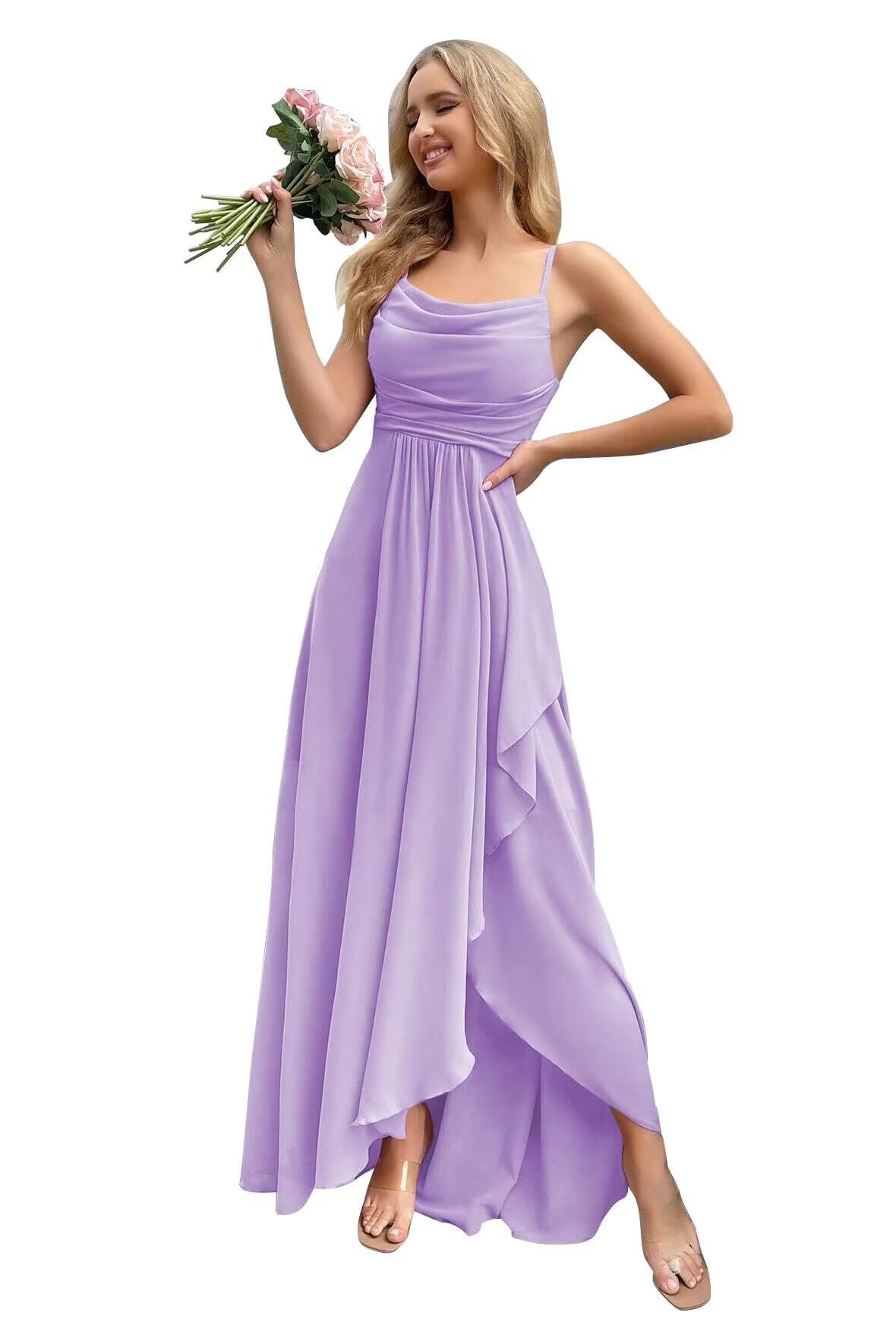 Photo 1 of vintys Social Spaghetti Straps Bridesmaid Dresses Long with Pockets for Women Lilac Cowl Neck Chiffon Formal Dress with Slit Ruffle Beach Wedding Guest Dress Size 14