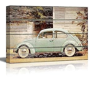 Canvas Wall Art - Vintage Car on Vintage Wood Textured Background - Rustic Country Style Modern Giclee Print Gallery Wrap Home Art Ready to Hang - 12" x 18"