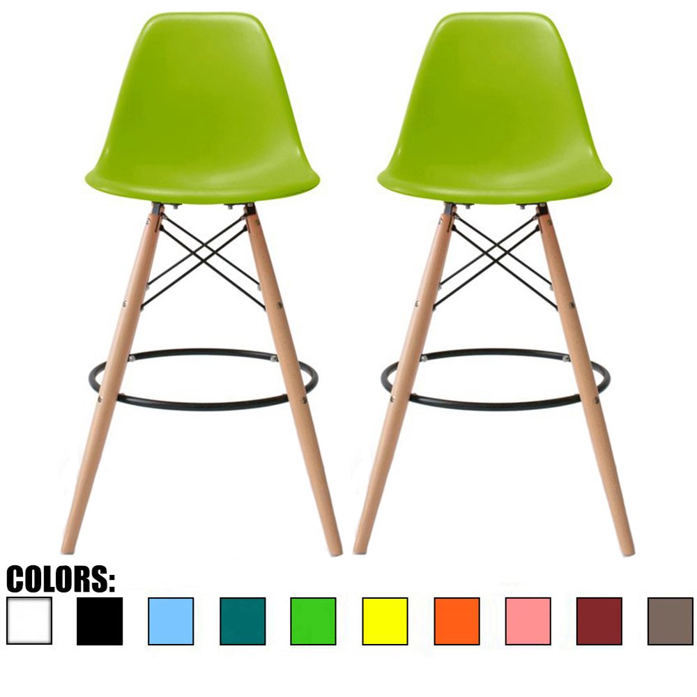 2xhome Set of 2 Mid Century Modern Green 25” Barstool Counter Stools Stool Designer Plastic Molded Shell with Back Armless No Arms Natural Wood Leg Eiffel Dowel Kitchen Dining Room