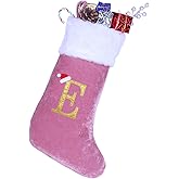 20 Inches Monogram Christmas Stockings with Letters, Large Super Soft Christmas Stockings Pink Velvet with White Super Soft Plush Cuff for Xmas Tree Holiday Fireplace Gold Letter E