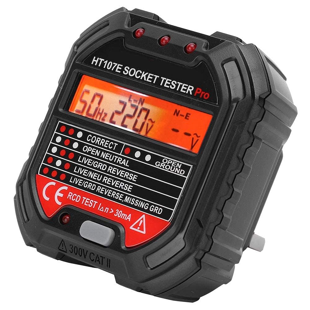 Circuit Tester, HT107E Socket Outlet Tester, Receptacle Tester, Accurate LCD Display Circuit Polarity Voltage Detector, for Power Socket Wiring Detection, UK Plug 90‑250V