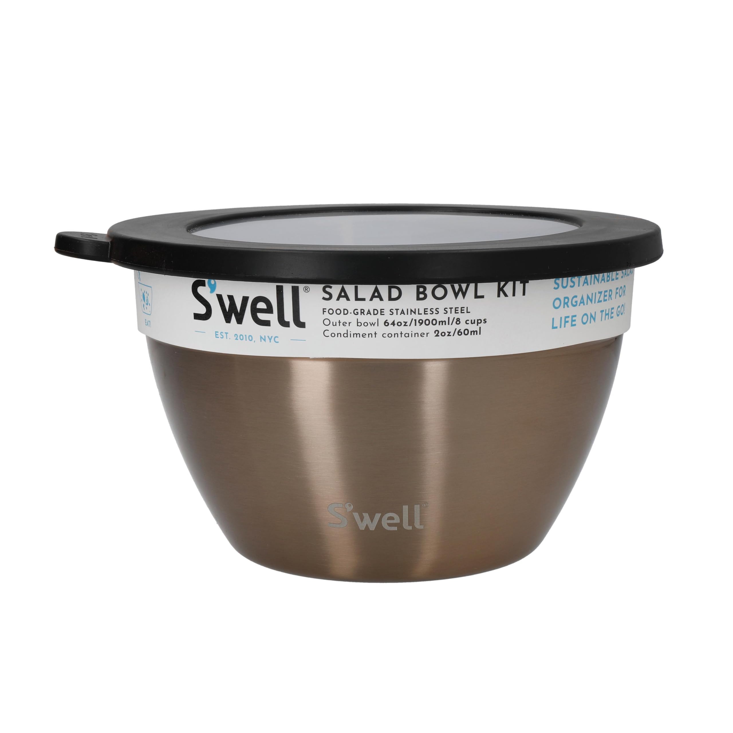 S'well Salad Bowl Kit, Pyrite, 1.9L - Salad Lunch Box with Condiment Container and Removable Tray, Jaune