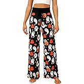 Miqil Women Halloween Pajamas Pants Cute Pumpkin Ghost Print Drawstring Wide Leg Pj Bottoms Holiday Loose Casual Sleepwear